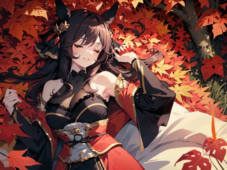 A woman in a Japanese-style ninja outfit lies on a bed in a forest of autumn leaves, smiling and showing her gums. There is a beautiful girl with a heart-shaped hair accessory and horse ears, and a strong wind is blowing her long hair. The photo shows the ...