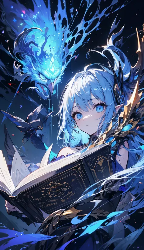 death,blood,night, dark, (Fantasy),Infinite,deep blue sky,The abyss of knowledge,knowledge,((masterpiece)), (((best quality))),((beautiful detailed eyes)),(eyelash),Monster,(1 girl),blue hair,long hair,abyss eyes,Shiny skin,oil,small breast,(bird body,feat...