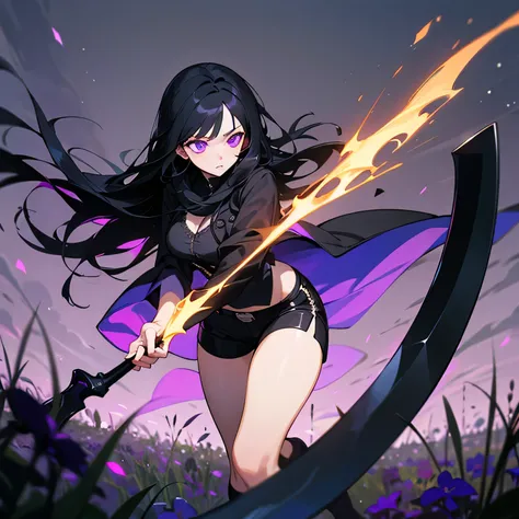 (( Best quality )), (( Masterpiece )), ( Details ), girl, long black hair, purple eyes, Black tight shorts , Black cloth, Black socks, A large black reaper's scythe with a purple gem adorned it, Black Flower Field, blue glowing fireflies,