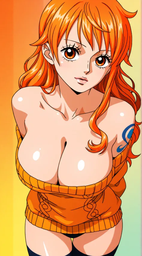 best quality, illustrator anime, style retro classic, Oil paint.brushes strokes. SYNTHWAVE STYLE DESIGN VIBRANT COLORS. Big breasts , cleavage, round breast, young asian girl. off the shoulder sweater, panties, with long orange hair, orange eyes, Full lips...