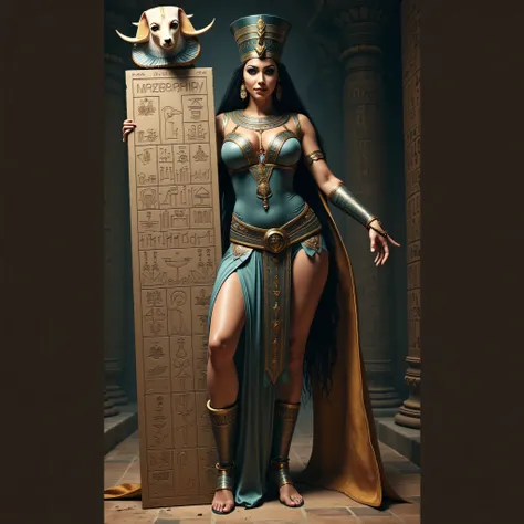 A hyper-realistic wide scenery image shot of a prehistoric beautifully female queen Cleopatra Pharaoh holding a big hieroglyph ideogram tablet, symmetrically balanced in image composition. The beautifully Pharaoh is depicted in a full body angle view, show...