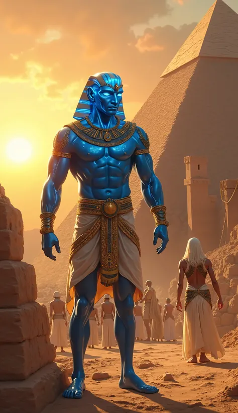 Hyper-realistic Fantasy Style
"A hyper-realistic fantasy depiction of ancient Egypt, featuring a muscular, god-like figure with glowing blue-toned metallic skin. He stands in front of a step pyramid under construction, adorned with intricate golden and whi...