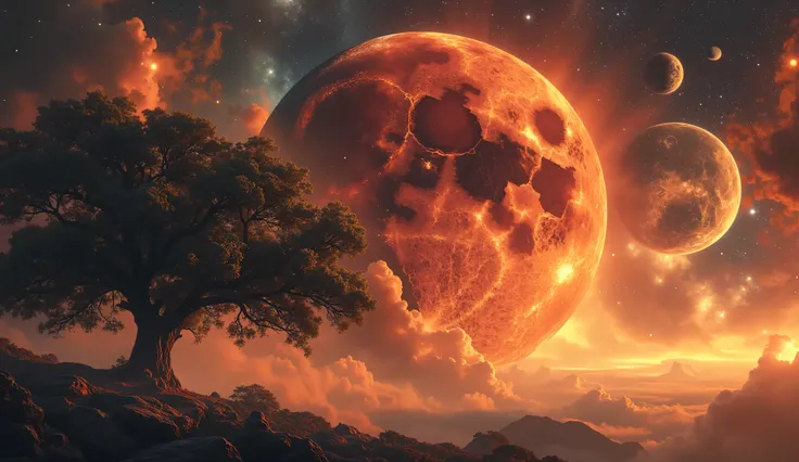 Dreamlike celestial scene with big tree shadowy , monumental scarlet moon looming, intricate mathematical function patterns organically flowing through starry background, shadows morphing along equation's sinusoidal transformations