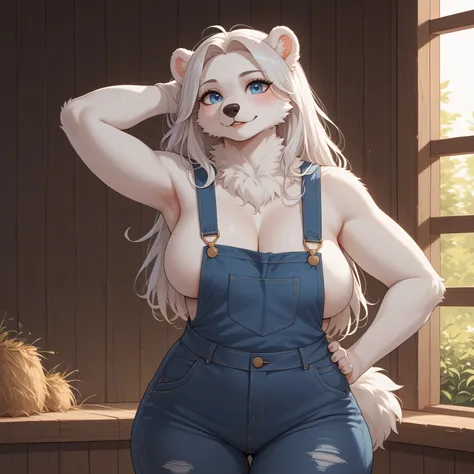 (Masterpiece) (High Detail) (High Res) A short small Polar Bear Anthro Female with White fluffy fur over her body and long white hair and bright blue eyes and a fluffy short bear tail and a curvy body and average breasts. She is wearing denim overalls and ...