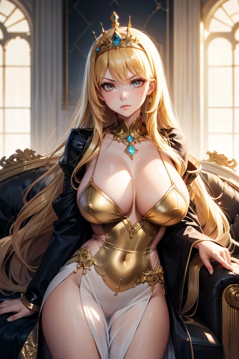 Woman, blonde hair, long hair, slant eyes, golden eyes, slender, busty, queen dress, castle, tiara, serious