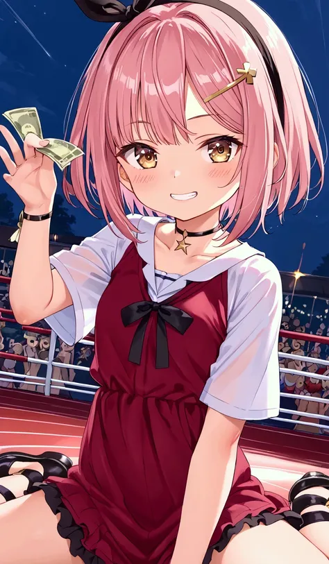 throw, high resolution, (mixed wrestling), girl is victory, girl is winner, (The girl is sitting on a silver fence )、 Very young Liza 、             Atelier Ryza            , (the girl is Dwarf size), four-headed body、((Arrogant attitude))、( mesugaki ), pri...
