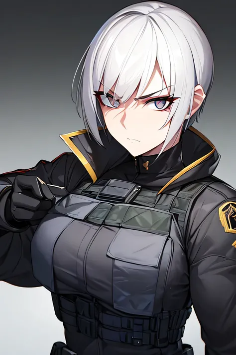 A highly detailed portrait of a female Russian mafia combat leader with a short, military-style buzz cut, emphasizing its practicality and sharpness. Her face is angular and scarred, with piercing gray eyes that exude cold authority and discipline. She is ...