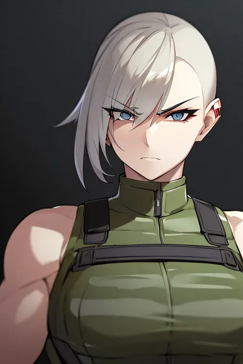 A highly detailed portrait of a female Russian mafia combat leader with a short, military-style buzz cut, emphasizing its practicality and sharpness. Her face is angular and scarred, with piercing gray eyes that exude cold authority and discipline. She is ...