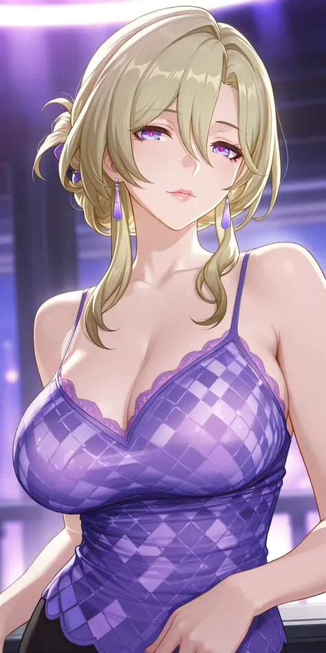 masterpiece, best quality, mature woman, milf, blonde hair, chignon hair, camisole, honkai: star rail cg style, upper body, dynamic lighting, purple colour costume,lips and heart printed pattern using costume, attractive design 