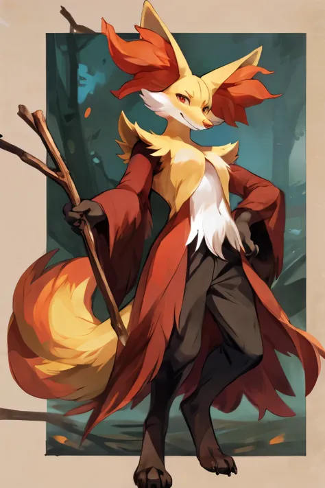 by:windwttom，whole body, solo, 1male, delphox, furry, multicolored fur, looking at viewer, tail,hand a stick,toes