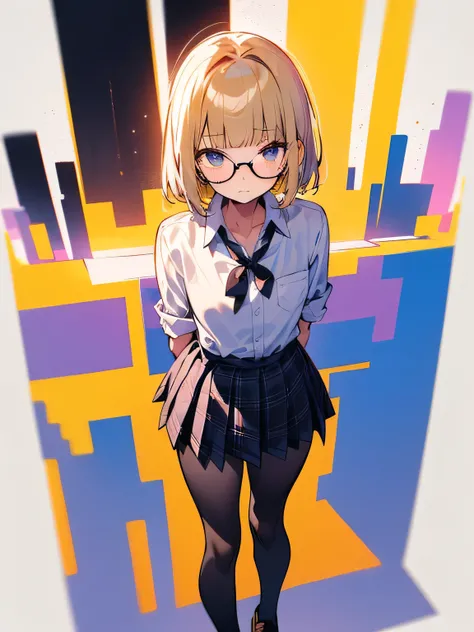 Alone,upperbody,(leaning forward:1.3),(Enchanting chest),blonde short pixie cut,(blunt bangs),glasses, high school students,, FSB,frosuke,bsb,behsuke , blouse, miniskirt, high school uniform ,(school uniform、Pure white dress shirt、 プリーツ miniskirt:1.4)、Pure...