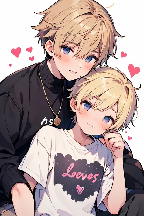 ((1-boy :1.5)),((gay:1.3)),(( adult male:1.2)),Blonde, fashionable everyday wear, Express your love,❤️, I love it,smile,(Background full of the aura of love :1.0),((T-shirts with boys printed on them:0.6)),