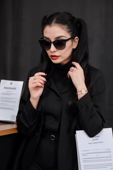 Create 25-year-old cute white girl with long black ponnytails hairstyle wearing black coatsuits with full makeups and bangles and ring with sunglasses talking to her employees in conferences hall with documents