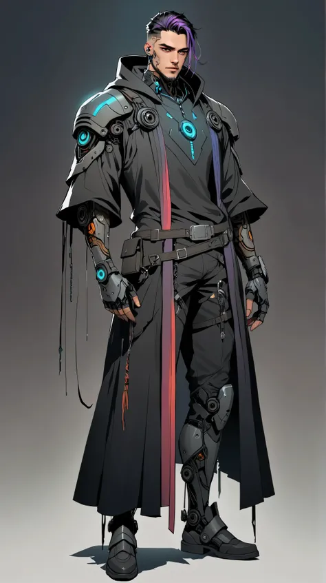 handsome man witch robe standing gothic cyborg cyberpunk fantasy full body