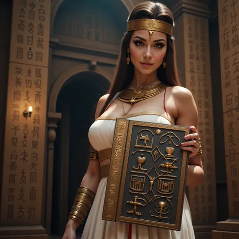 A hyper-realistic wide scenery image shot of a prehistoric beautifully female queen Cleopatra Pharaoh holding a big hieroglyph ideogram tablet, symmetrically balanced in image composition. The beautifully Pharaoh is depicted in a full body angle view, show...