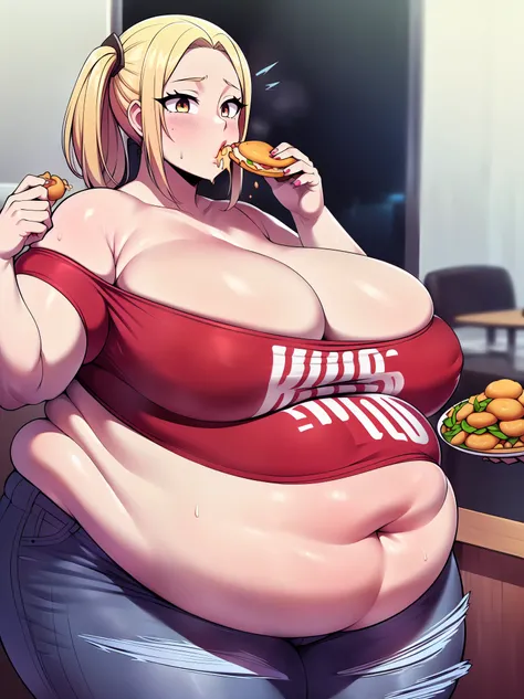 (1girl, long silky platinum blonde hair, hazel eyes, off-shoulder top with ripped jeans, Bimbo Fat Blob, Eating, Food, Buffet Lobby), (HD quality, Anime Style, 8K, masterful detail and quality, depth of field)