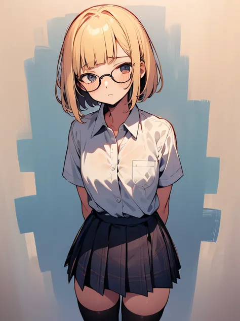 Alone,((closed up face:1.3)),(leaning forward:1.3),(Enchanting chest:1.3),blonde short pixie cut,(blunt bangs),(glasses) high school students,, FSB,frosuke,bsb,behsuke , blouse, miniskirt, high school uniform ,(school uniform、透けたPure white dress shirt、 )、P...