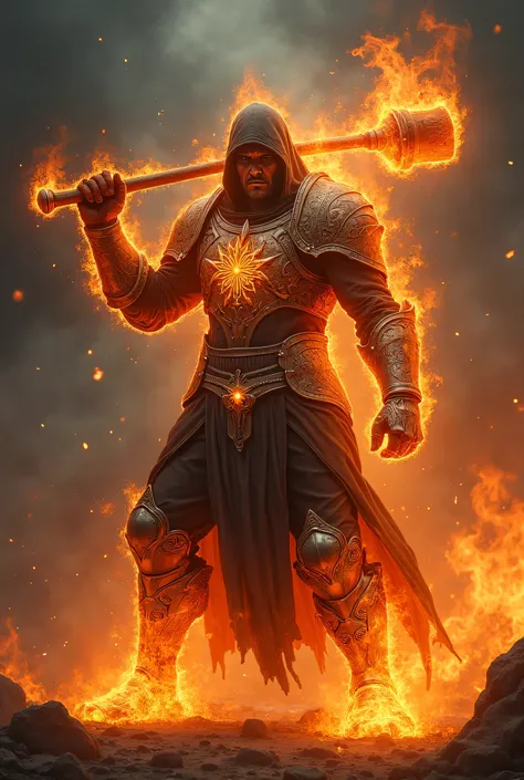 Realistic photo of a mystical warrior with fire armor and a burning club , front attack position