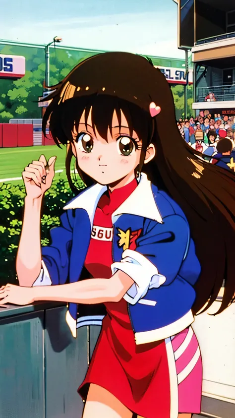 Asusdol, One Girl , Alone, green eyes, heart, hair ornament, jacket, red dress,retro art style for stilets, 開いた口, 1990s ( style for stilets), looking at viewer, smile, outdoor, null, cowboy shot , clevis cut out, race queen
