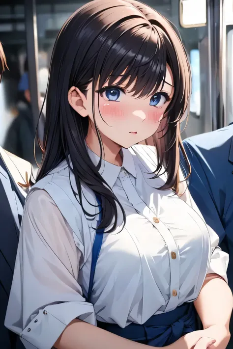 ( manga 、anime、story)、( Masterpiece 、 top quality、 super high resolution )、( Perfect Faces 、 facial beauty、 beautiful eyes )、(cry、 resists 、 embarrassing 、 blanking in the heart of the city)、sweat、 big breasted 、The button comes off...