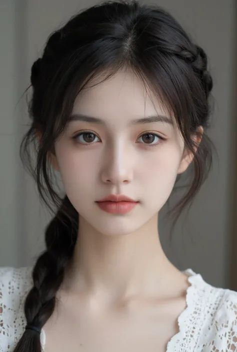 Close-up view of a young girl with a cute yet elegant appearance, around 16. She has a slender, youthful face with soft, delicate features, and her expression is calm and thoughtful. Her skin is smooth and radiant, with a subtle glow enhanced by natural li...