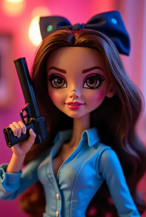  Realistic bratz doll with fair skin ,  dark brown hair ,  with gentle baby liss and brown eyes .  she's at the party with a gun in her raised hand,  smiling with an angry face , with blue blouse, And a bow in her hair ,  a piercing on the left side of her...