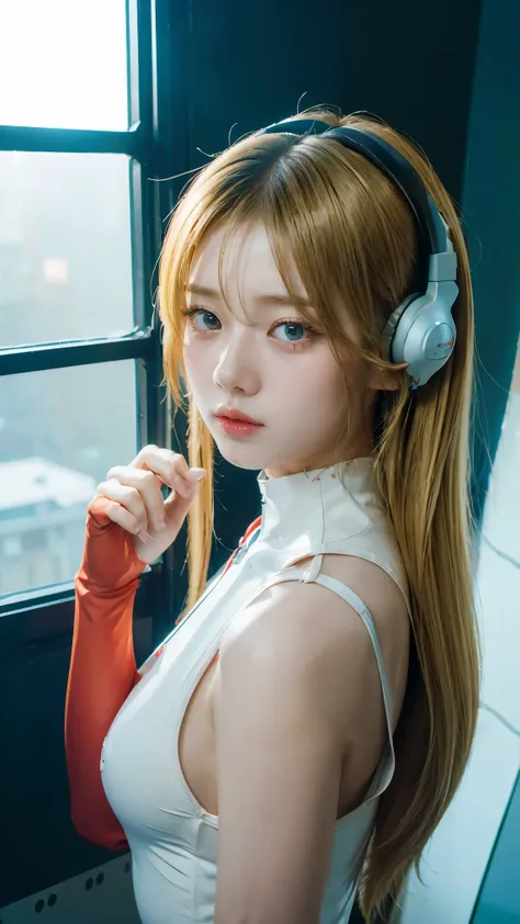 (Overhead view),dynamic angle,ultra-detailed, illustration, close-up, straight on, 1girl,
((souryuu asuka langley, interface headset, red bodysuit:1.4, blonde)),Her eyes shone like dreamy stars,(glowing eyes:1.233),(beautiful and detailed eyes:1.1),(expr...