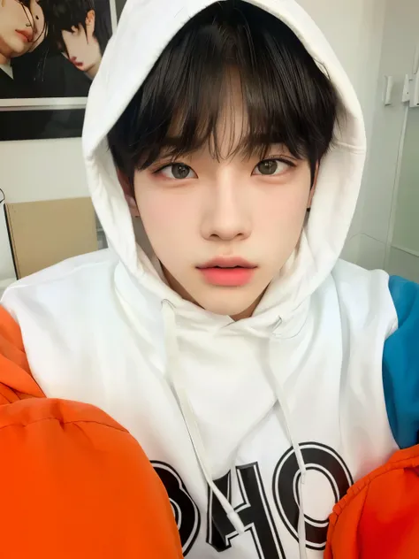  is a boy wearing a hoodie and a pair of orange gloves, Jimin- the, accurate Jimin- the face, park Jimin- the, Jimin- the\ full lips, Jimin- the\ It's puffy  , Jimin- the\Greek nose, Kim Doyoung, sol yunjoo,  an adorable Korean face , jossi do blackpink, j...