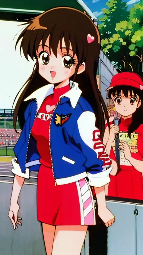 Asusdol, One Girl , Alone, green eyes, heart, hair ornament, jacket, red dress,retro art style for stilets, 開いた口, 1990s ( style for stilets), looking at viewer, smile, outdoor, null, cowboy shot , clevis cut out, race queen