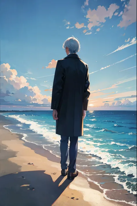 Teenage man stands facing the vast ocean