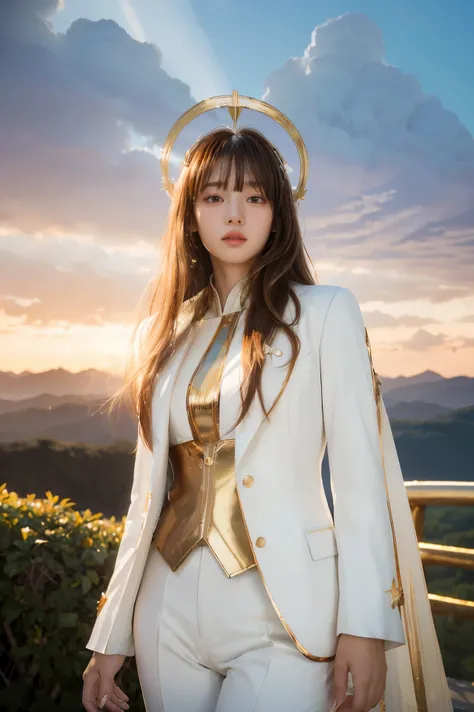 ((masterpiece, best quality, Extremely detailed), Volumetric Lighting, Ambient Occlusion, rich and colorful, Luminescence), 1 Girl, Solitary, Young Girls, (Chestnut bangs), Long hair, Halo, Halo, sacred, goddess, Priesthood, (White suit with gold details:1...