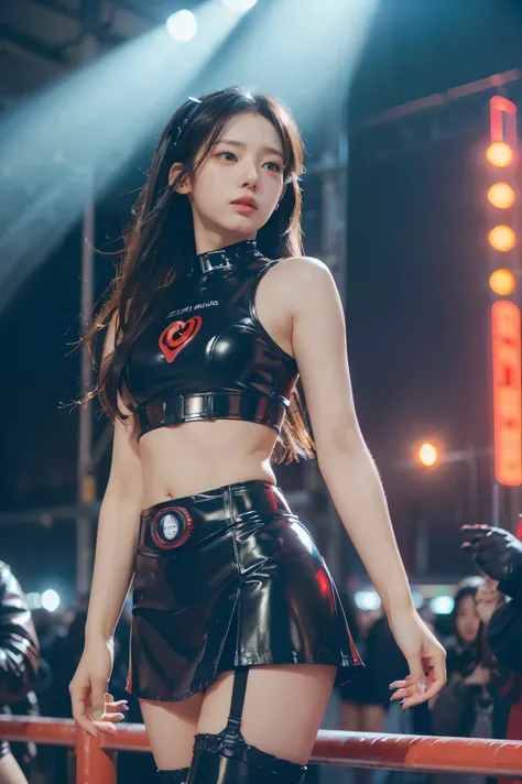 (finely detailed beautiful Red Eyes and detailed face,masterpiece sidelighting,masterpiece,best quality,detailed,High resolution illustrations),(urban tech wear, Cybernetic background, sunshine city),(1 Girl,whole body,beautiful girl,Glowing skin,look down...