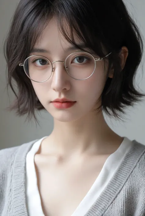 Close-up view of a young girl, around 16-, with a cute yet elegant appearance. She has a slender, youthful face with soft, delicate features, and her expression is calm and thoughtful. Her skin is smooth and radiant, with a subtle glow enhanced by natural ...