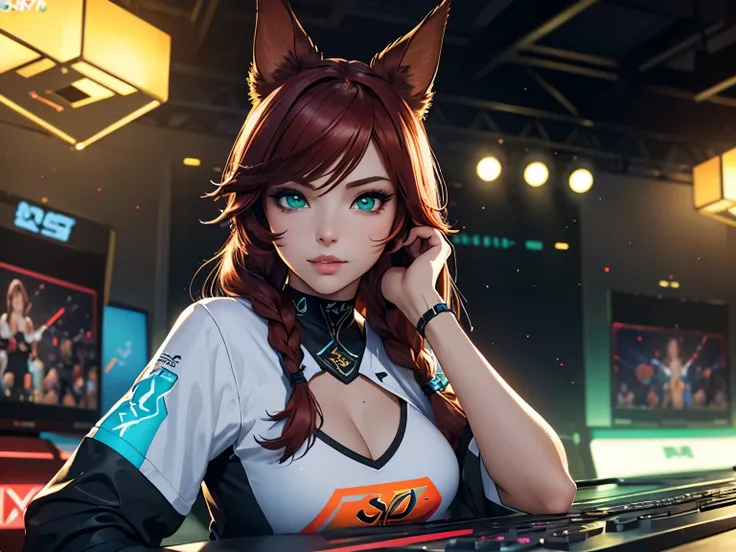 (best quality,ultra-detailed,photo-realistic:1.37),bright and vibrant colors,studio lighting,final fantasy xiv female Miqo'te, cat ears, sensual expression,stylish makeup, long dark red hair with braids, alluring green eyes, detailed perfect eyes, perfect ...