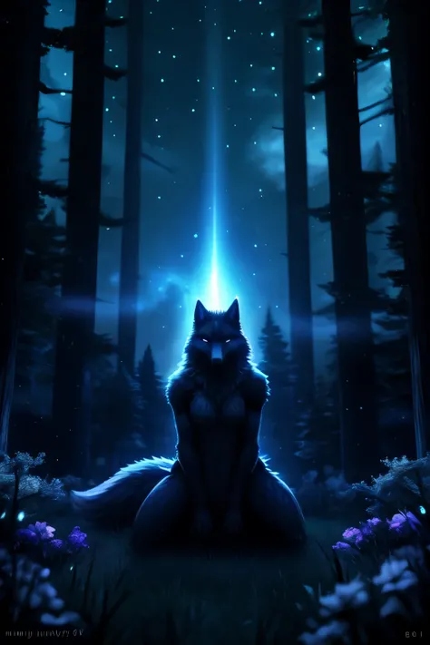 Bosstyle, Silhouette of a woman kneeling in front of a a giant friendly translucent wolf Monster Boss resembling a ethereal wolf. subsurface scattering, night. Milky Way sky. stars, magic forest clearing, max details, cinematic colors, midjourneyv6.1