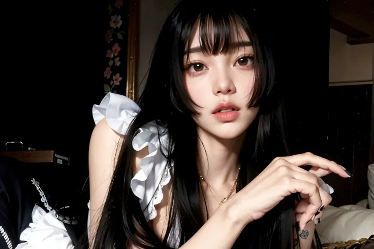 Blackpink Jennie with a tattoo on her chest sitting on a sofa, ela tem cabelo preto com franja, 🤤 retrato de , anime vibes, corte de cabelo preto hime, Small heart-shaped face, cruel korean goth girl, Asian girl, garota cara fofa, detailed face of a Asian ...
