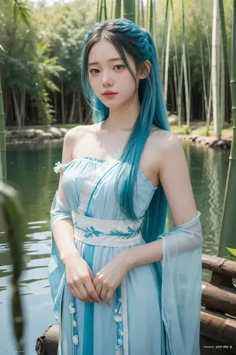 Masterpiece, Best Quality, Official Art, 8k Wallpaper, Very Detailed, Illustration, 1 Girl, Sky Blue Hair, Long Hair, Detailed Eyes, Forrest Gump, Bare Shoulders, Hanfu, Lake, Pure, Soft Smile, bamboo, tea