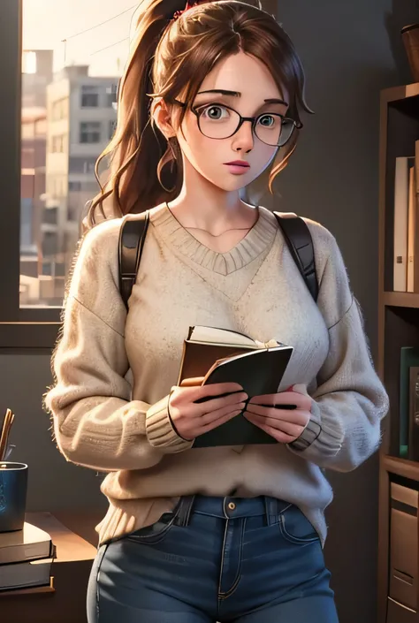 a nerdy girl,1girl,glasses,braces,messy brown hair,high ponytail,cute freckles,oversized sweater,skinny jeans,converse sneakers,holding a book,reading a book,geeky,cute nerd,very nerdy,extremely nerdy,extremely detailed,ultra-detailed,best quality,8k,highr...
