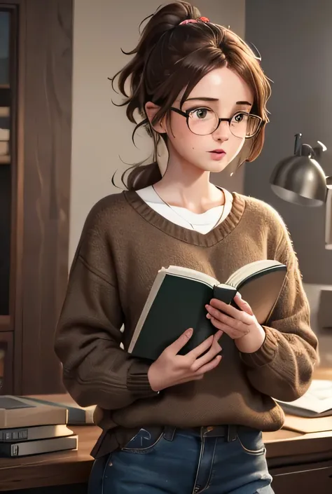 a nerdy girl,1girl,glasses,braces,messy brown hair,high ponytail,cute freckles,oversized sweater,skinny jeans,converse sneakers,holding a book,reading a book,geeky,cute nerd,very nerdy,extremely nerdy,extremely detailed,ultra-detailed,best quality,8k,highr...
