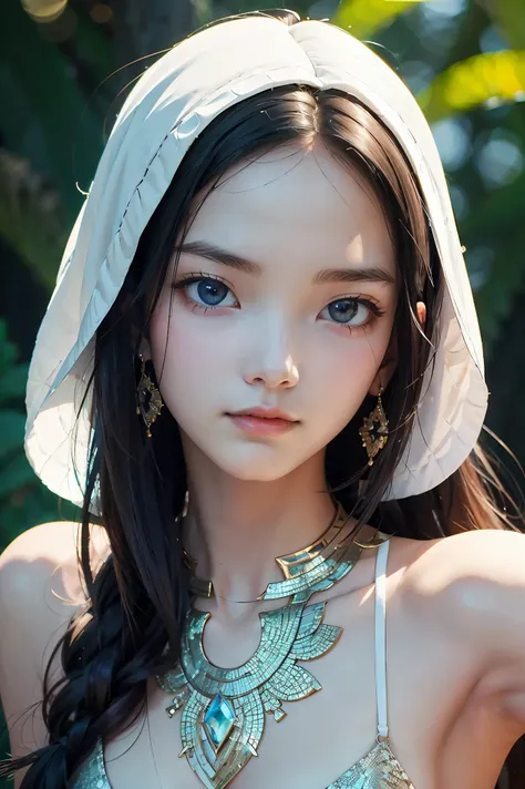 Photo of A beautiful girl, Dark hair. Piercing eyes. White skin. Snake. Enigmatic gaze. Elegant posture. Shimmering scales. Deep silence. Mysterious aura., (masterpiece, best quality:1.2), background, bokeh, Depth of field, 4k, whimsical