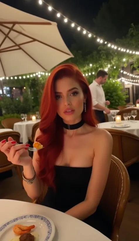 in the image, there is a ( kylie jenner long red hair  ) sitting in an outdoor restaurant at night .  She has wavy redheads that fall over her shoulders .  She's wearing a black strapless dress and a black choker necklace .  She's holding a fork with a pie...