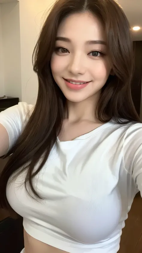 (( best quality, 【8k, masterpiece: 1.3)),  a girl,  slim belly : 1.3, (long hair、Casual , Big Breasts: 1.2), A white T-shirt that highlights the chest: 1.1,  Super Fine Fabric ,  fine eyes ,  Double Eyelids, Smile, at home