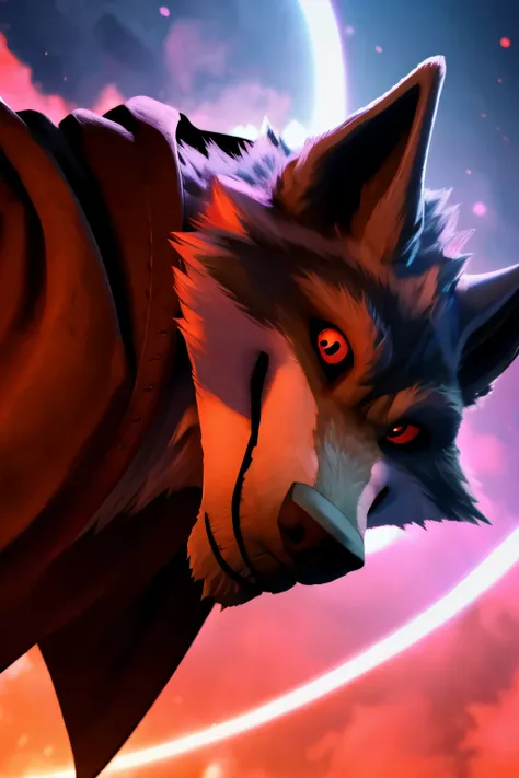 (The ultimate death wolf) best quality, ultra high res,1furry boy, solo, detailed eyes, volumetric lighting, amazing, finely detail, cowboy shot, cloak , white fur, red eyes, white sclera, bright pupils, bright atmosphere, muscular, upper body, from below