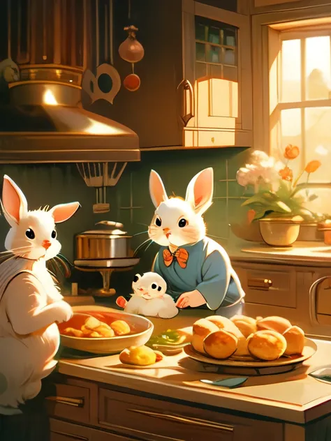 painting of a family of rabbits in a kitchen with a stove, a detailed painting inspired by Beatrix Potter, shutterstock, fantastic realism, style of beatrix potter, rabbits, bunnies, in a kitchen, rabbit_bunny, family dinner, baking artwork, in the kitchen...