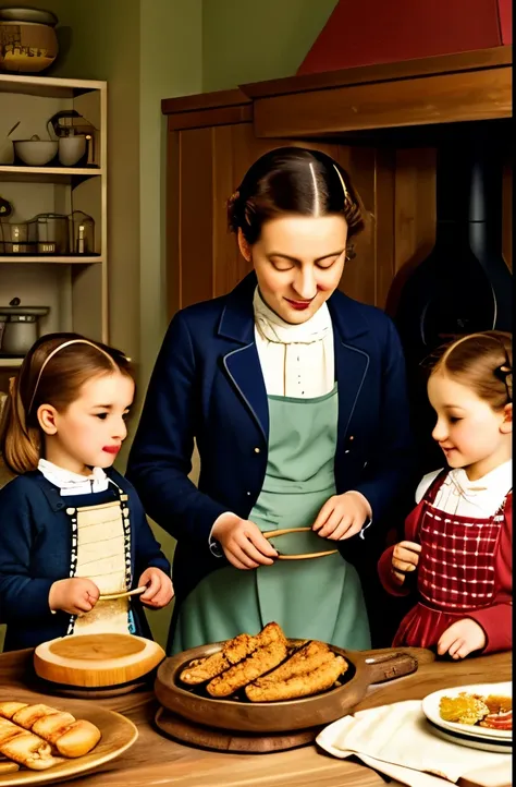 painting of a family of rabbits in a kitchen with a stove, a detailed painting inspired by Beatrix Potter, shutterstock, fantastic realism, style of beatrix potter, rabbits, bunnies, in a kitchen, rabbit_bunny, family dinner, baking artwork, in the kitchen...