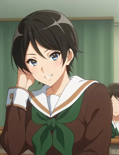score_9, score_8_  up , score_7_  up , score_6_  up , score_5_  up ,   source_anime, rating_safe,  medium boobs, indoor, hospital,   side 1 girl  , alone,  audience , suzuki mirei   ,   short hair ,  Hair between the eyebrows,   blue eyes,   school uniform...