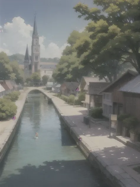 anime picture of a town with a church and a river, concept art by Makoto Shinkai, trending on cg society, naive art, town background, town in the background, anime scenery, town center background, anime countryside landscape, studio ghibli smooth concept a...