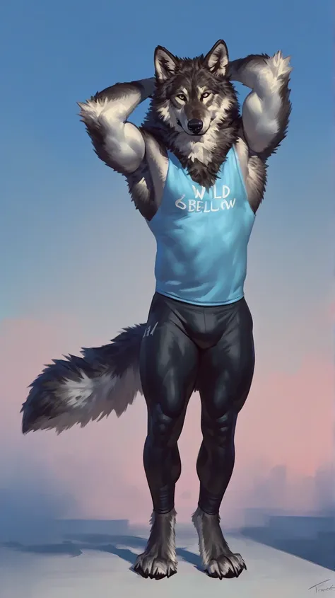  from below,  score_9,  score_8_below,  score_7_abelow,  score_6_below,  score_5_below,  score_4_below,retrato,wild,  full body ,epic,blue sky gradient background,  session,   furry blue anthropormorphic wolf shirt by Taran   ,  Blue sky background , Male ...