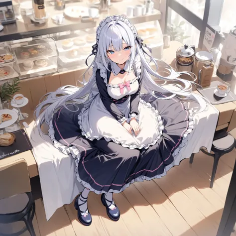 masterpiece,  best quality,, Headdress ,  maid cafe ,smile, Closed Mouth,, full body,Dark Blue Maid Outfit , Very Long Hair , long skirt,  focus on her face , sit