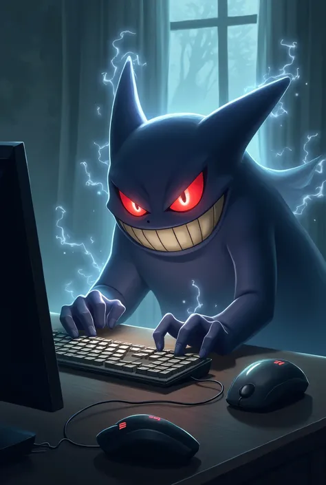 Create a Gengar playing with keyboard and mouse 